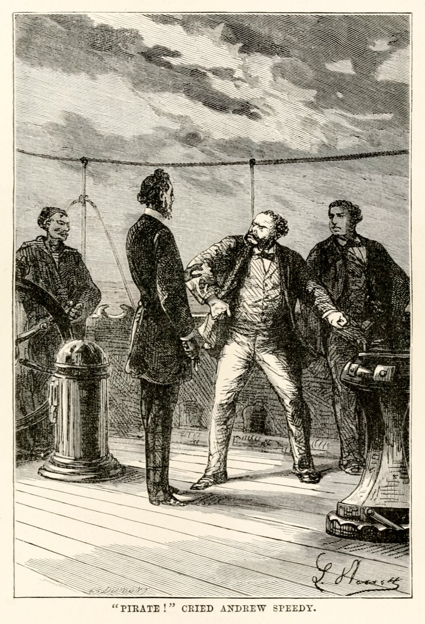 Pirat! rief Andrew Speedy., aus In 80 Tagen um die Welt von Jules Verne (1828-1905) graviert von Louis Dumont (geb. 1822), 1873 von Hippolyte Leon after Benett