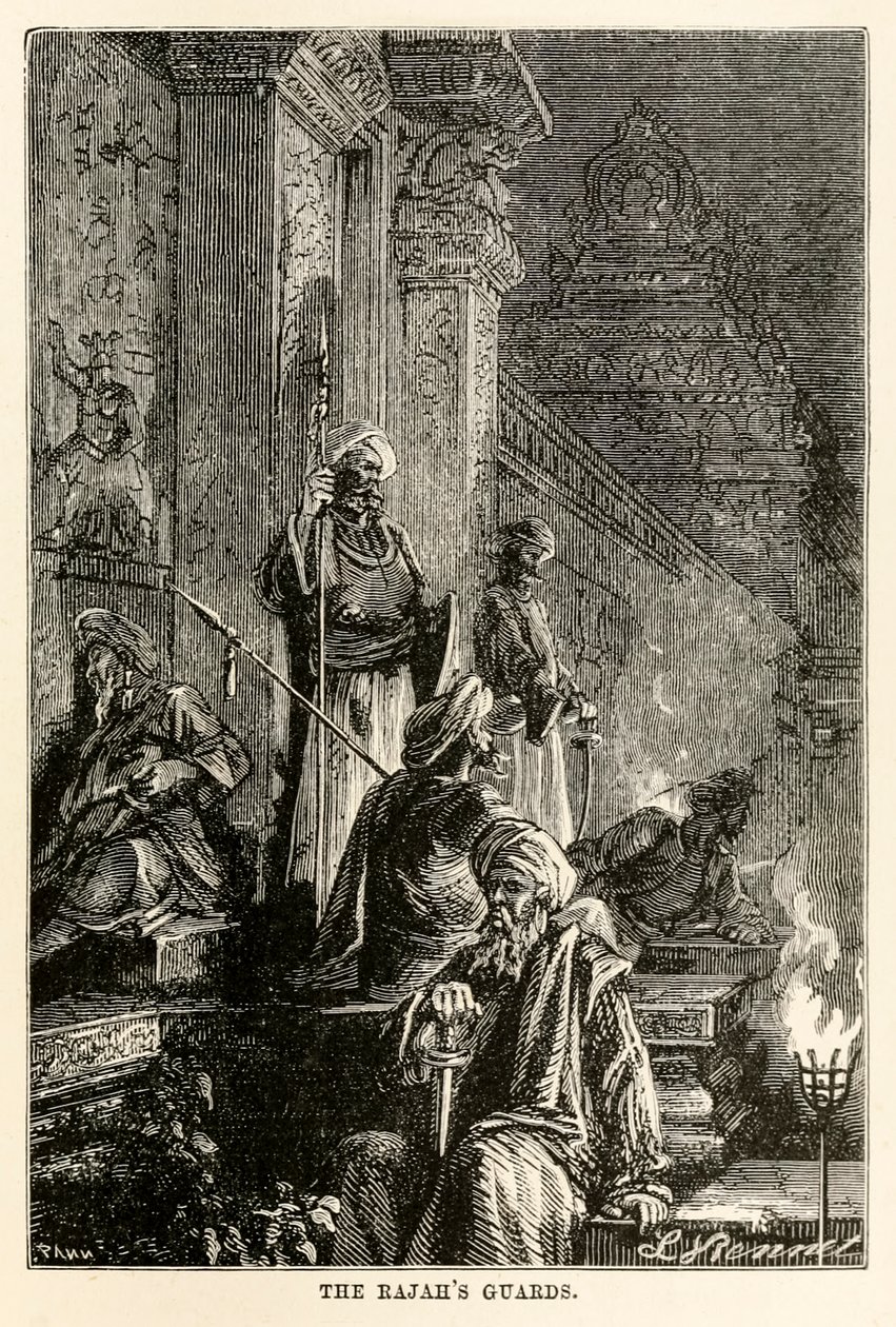 Die Wachen des Rajas, aus In 80 Tagen um die Welt von Jules Verne (1828-1905), graviert von Adolphe François Pannemaker (1822-1900), 1873 von Hippolyte Leon after Benett