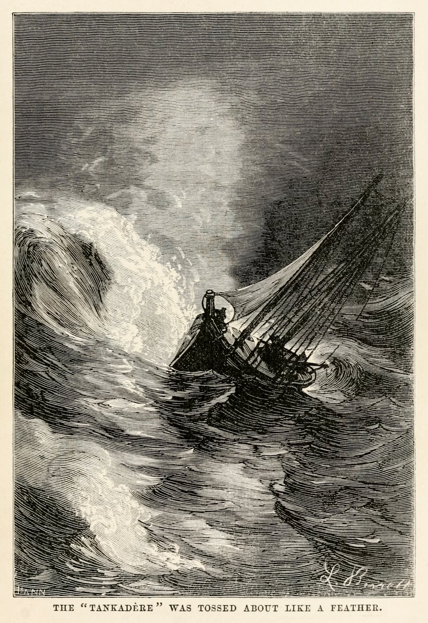 Die Tankadere wurde wie eine Feder hin und her geworfen, aus In 80 Tagen um die Welt von Jules Verne (1828-1905) graviert von Adolphe François Pannemaker (1822-1900), 1873 von Hippolyte Leon after Benett
