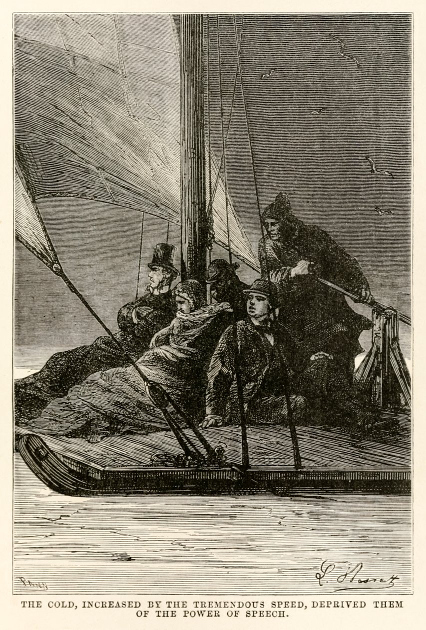 Die Kälte, verstärkt durch die enorme Geschwindigkeit, beraubte sie der Sprachkraft, aus In 80 Tagen um die Welt von Jules Verne (1828-1905) graviert von Adolphe François Pannemaker (1822-1900) von Hippolyte Leon after Benett