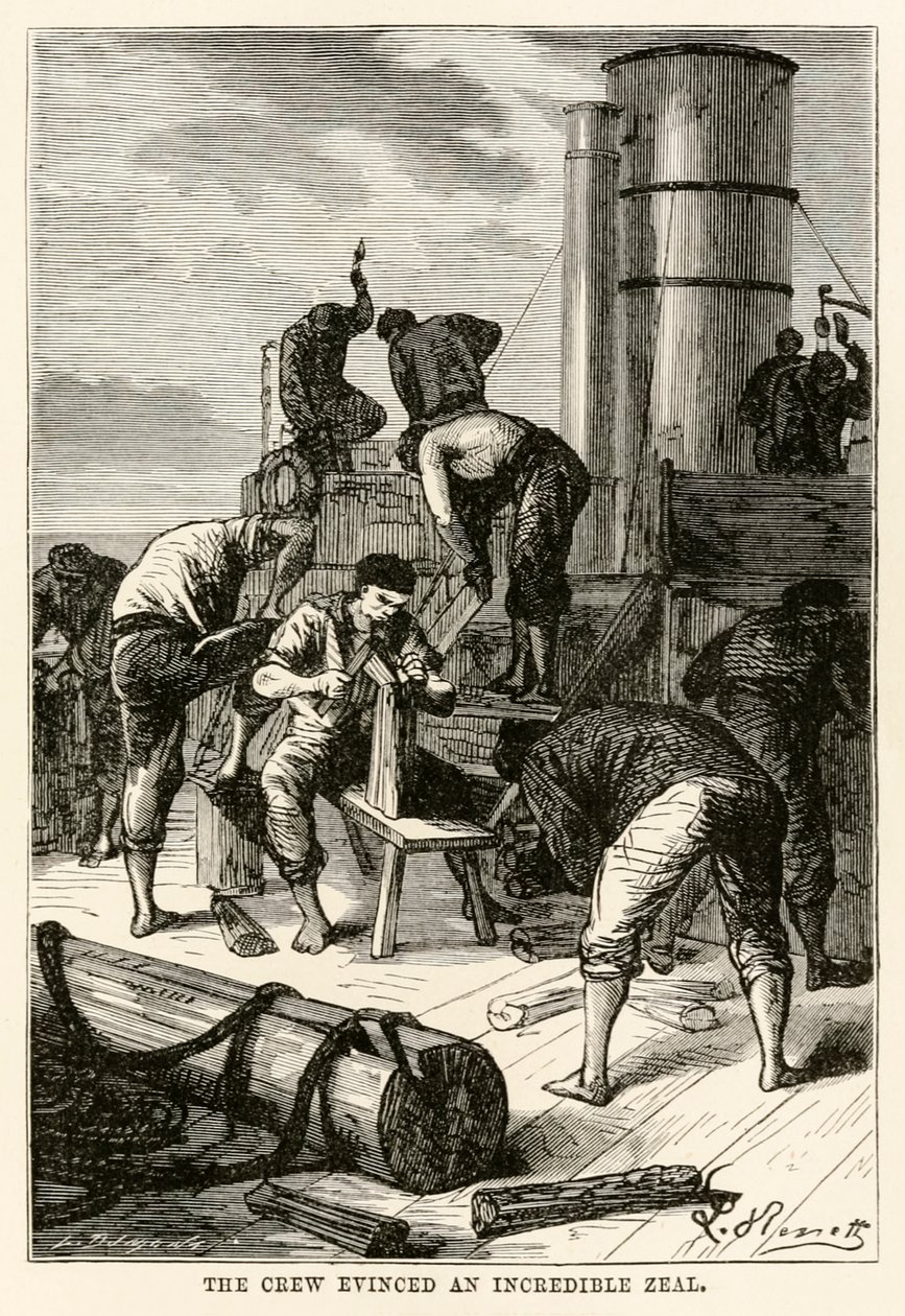 Die Besatzung zeigte einen unglaublichen Eifer, aus In 80 Tagen um die Welt von Jules Verne (1828-1905) graviert von Louis Dumont (geb. 1822), 1873 von Hippolyte Leon after Benett
