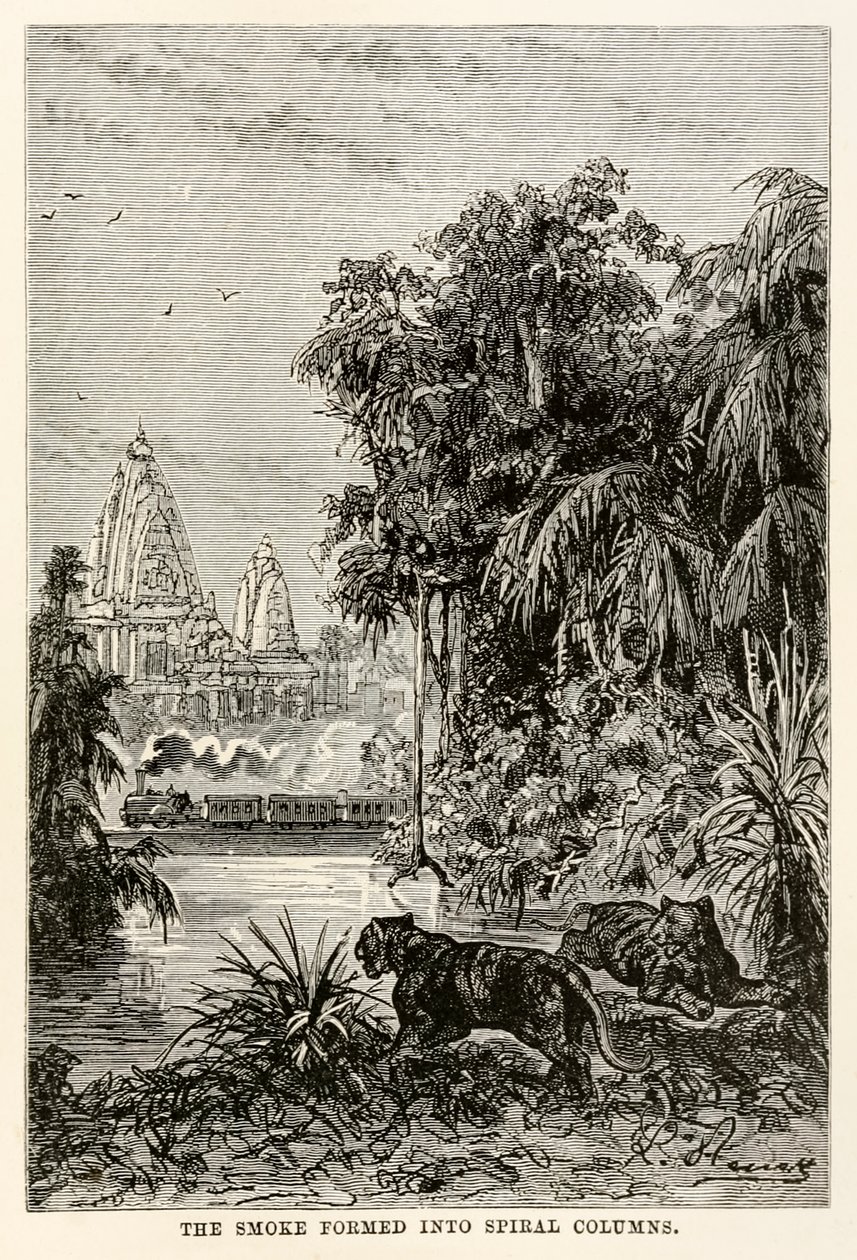 Der Rauch bildete sich in spiralförmige Säulen, aus In 80 Tagen um die Welt von Jules Verne, 1873 von Hippolyte Leon after Benett