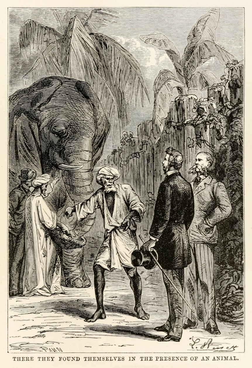 Dort fanden sie sich in der Gegenwart eines Tieres, aus In 80 Tagen um die Welt von Jules Verne, graviert von Adolphe François Pannemaker, 1873 von Hippolyte Leon after Benett