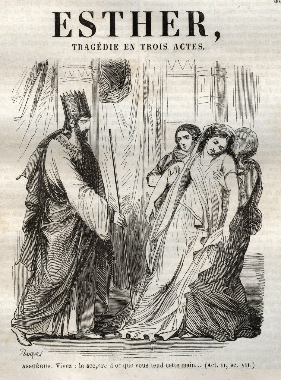 Szene aus Esther, Tragödie von Jean Racine - Gravur in „Werke von Jean Racine“ illustriert von Pauquet und mit einer Notiz von Emile de La Bedolliere - 1851 von Hippolyte Louis Pauquet
