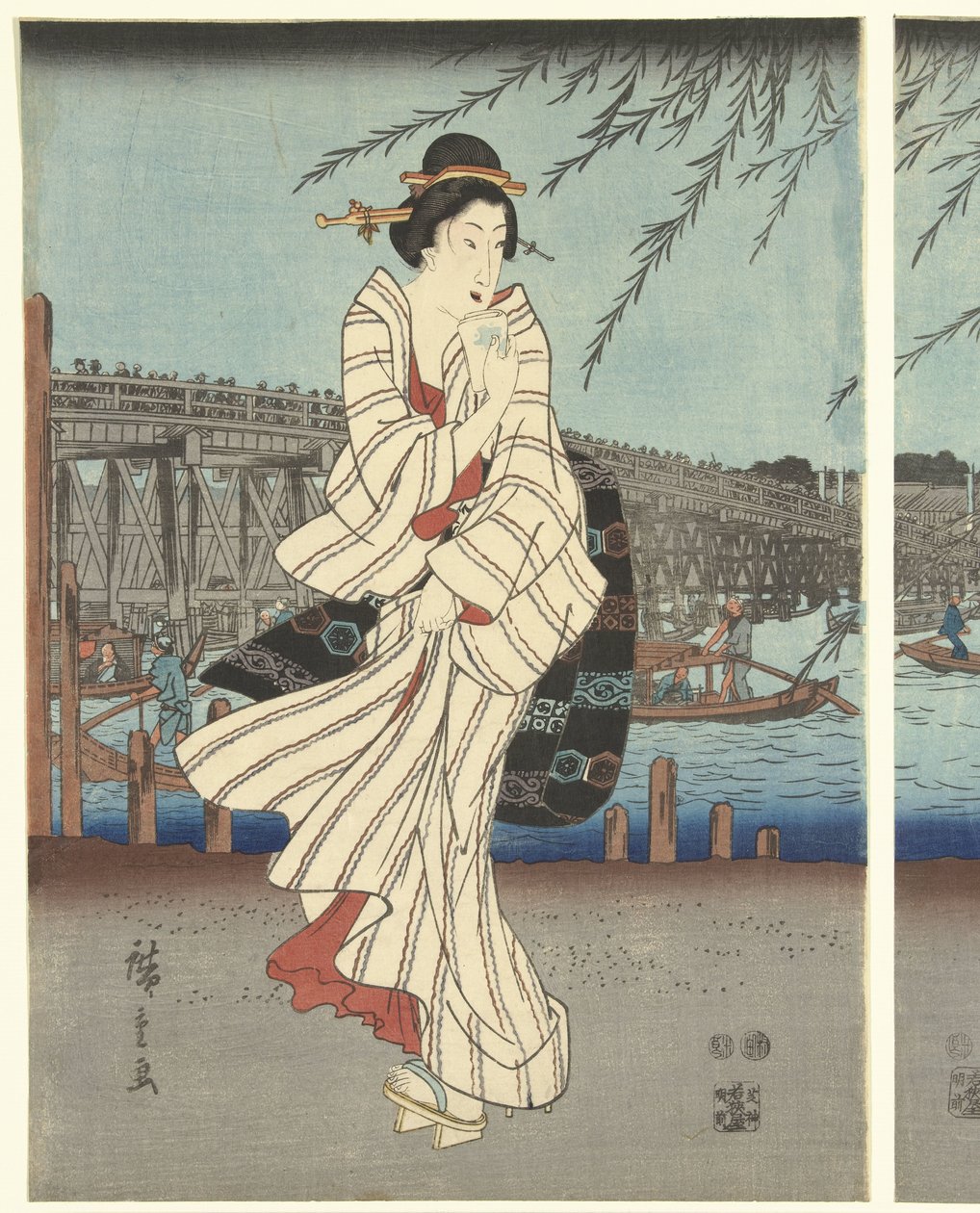 Berühmte Orte in der östlichen Hauptstadt: Genießen einer Abendbrise bei der Ryogoku-Brücke von Hiroshige (I) , Utagawa