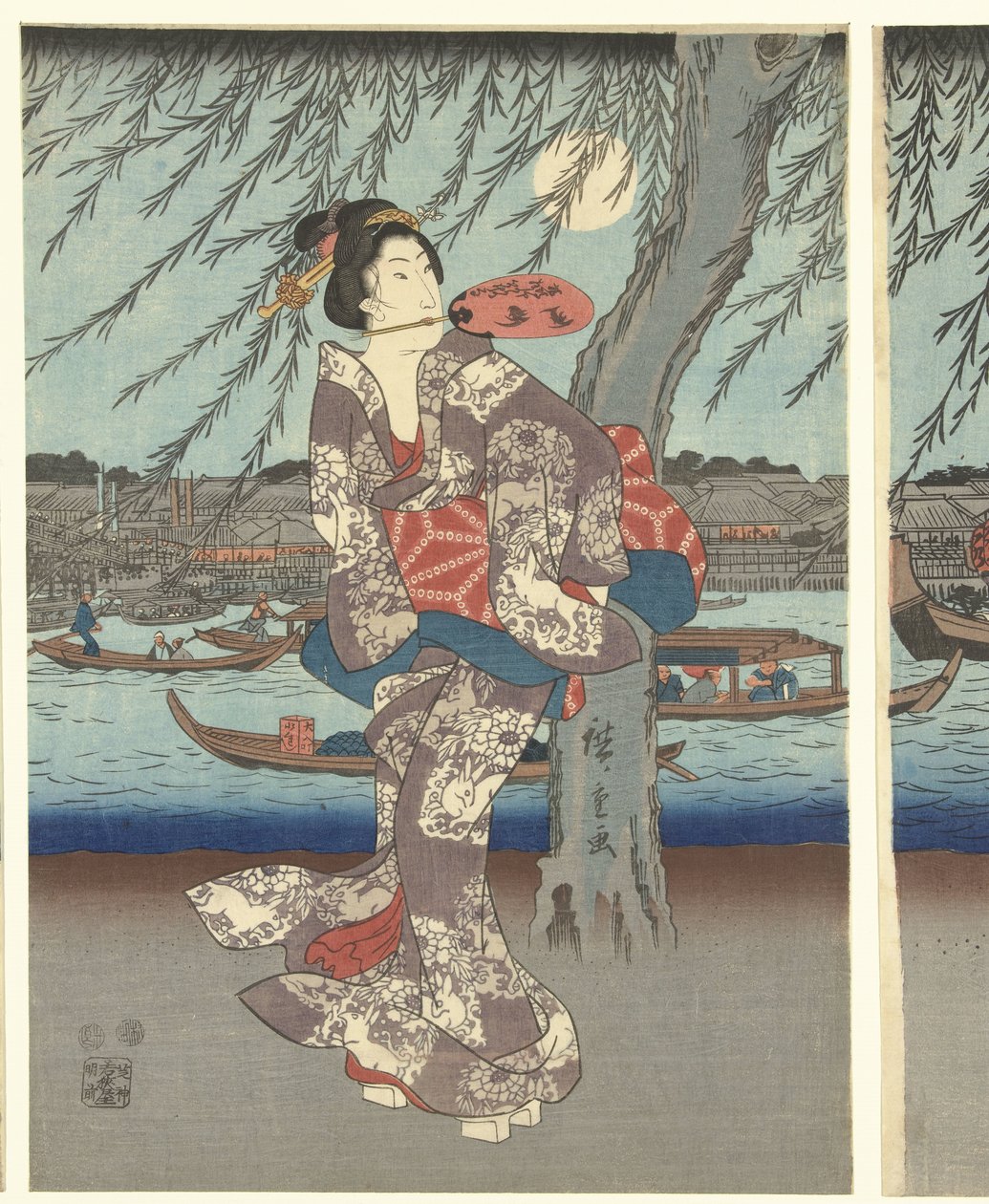 Berühmte Orte in der östlichen Hauptstadt: Genießen einer Abendbrise bei der Ryogoku-Brücke von Hiroshige (I) , Utagawa