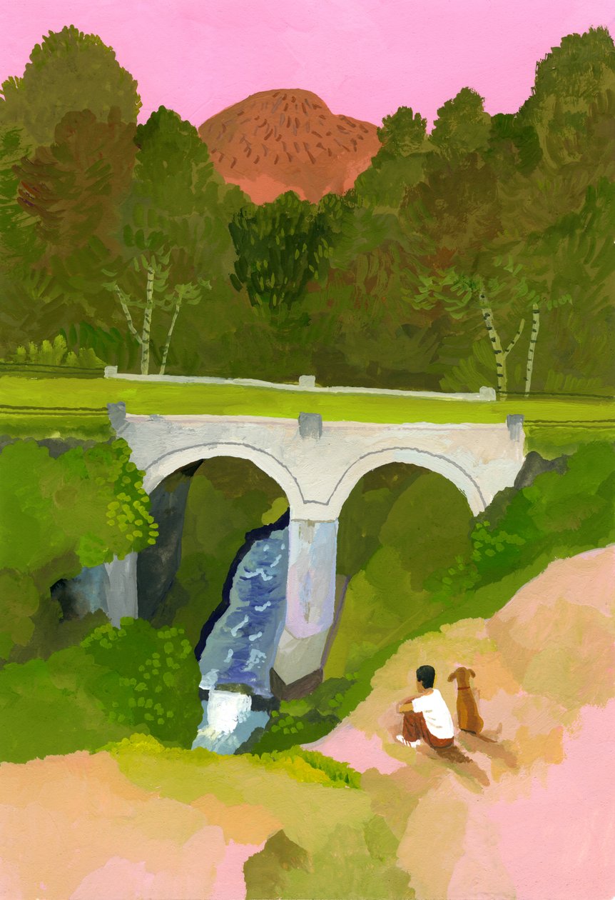 Die Brücke mit dem Hund bei Dämmerung beobachten von Hiroyuki Izutsu