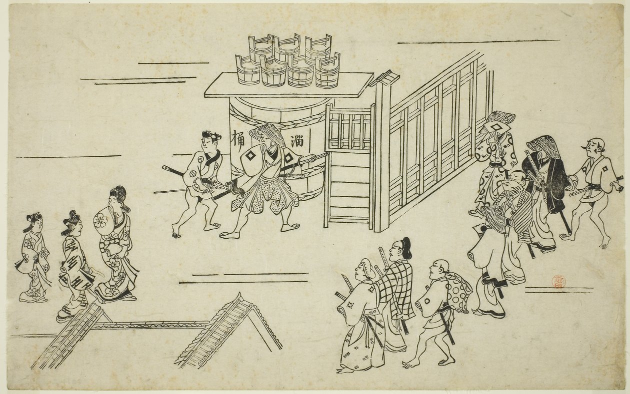 Eingang zu Ageyacho, aus der Serie "Das Erscheinungsbild von Yoshiwara (Yoshiwara no tei)", ca. 1681-84 von Hishikawa Moronobu