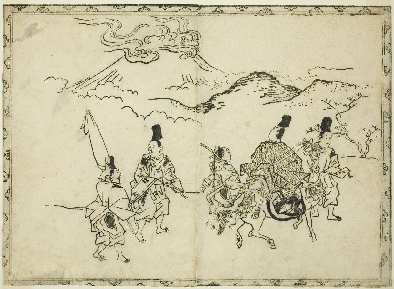 Narihiras Reise in den Osten, aus dem illustrierten Buch "Panorama der Gemälde auf Paravents und Hängerollen (Byobu kakemono ekagami)" von Hishikawa Moronobu