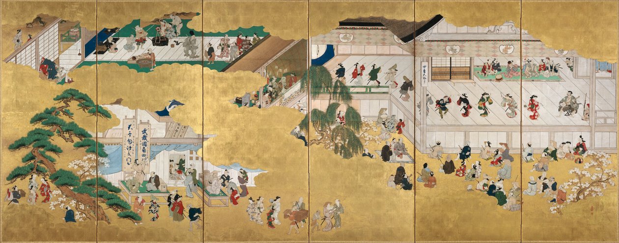 Szenen aus dem Nakamura Kabuki Theater von Hishikawa Moronobu