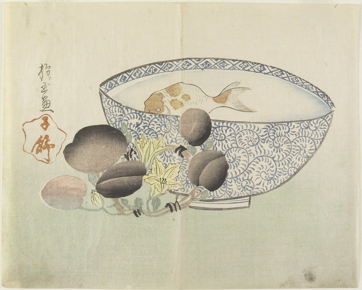 (Fische in einer Wasserschale, blühender Zweig mit Früchten), 1830er Jahre von Hogyoku