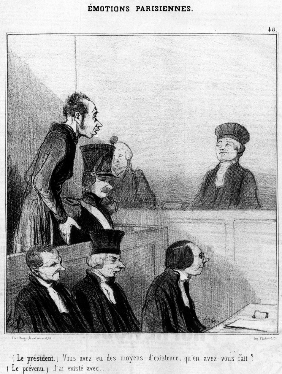 (Präsident) Sie hatten einen Lebensunterhalt, was haben Sie damit gemacht? (Der Angeklagte) Ich existiere mit...,, Serie von Karikaturen über Pariser Emotionen von Honore Daumier (1808-1879). „Charivari“ von Honoré Daumier
