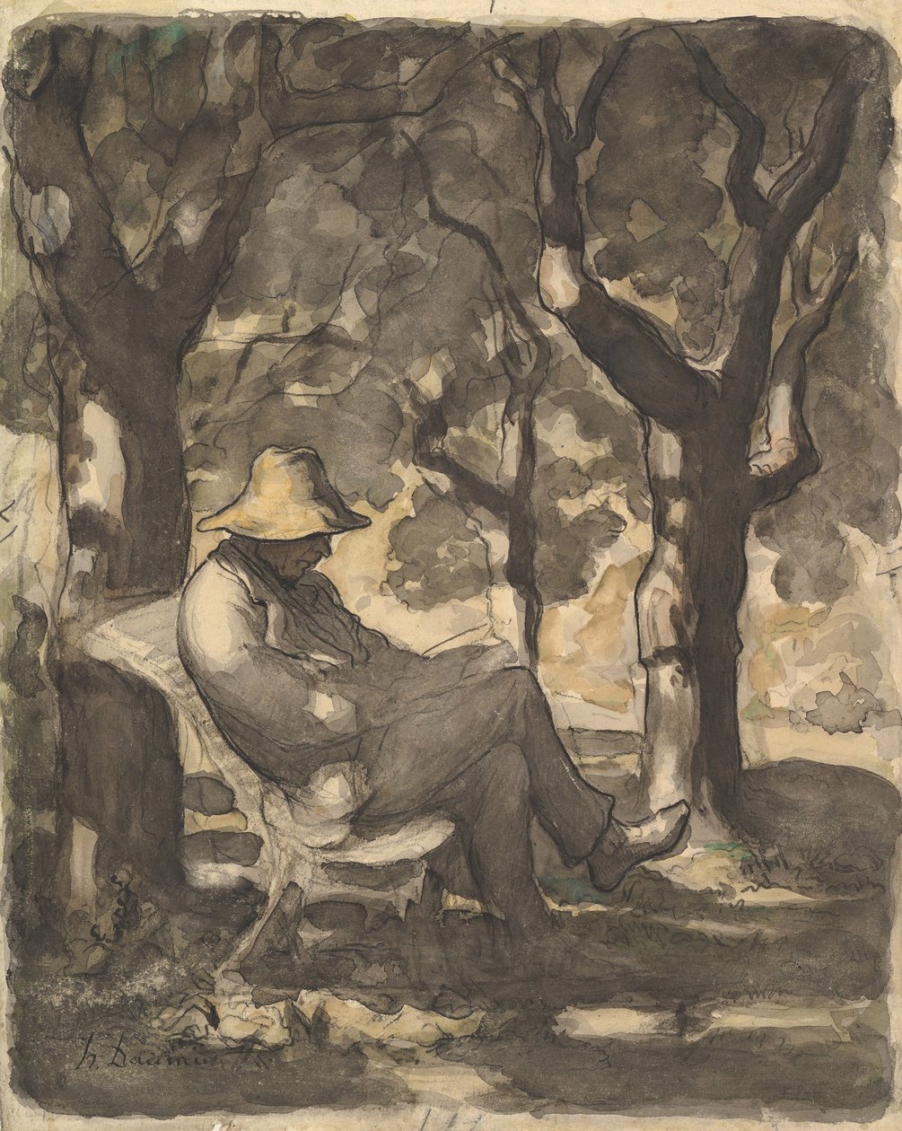 Ein Mann liest in einem Garten, 1825-79 von Honoré Daumier