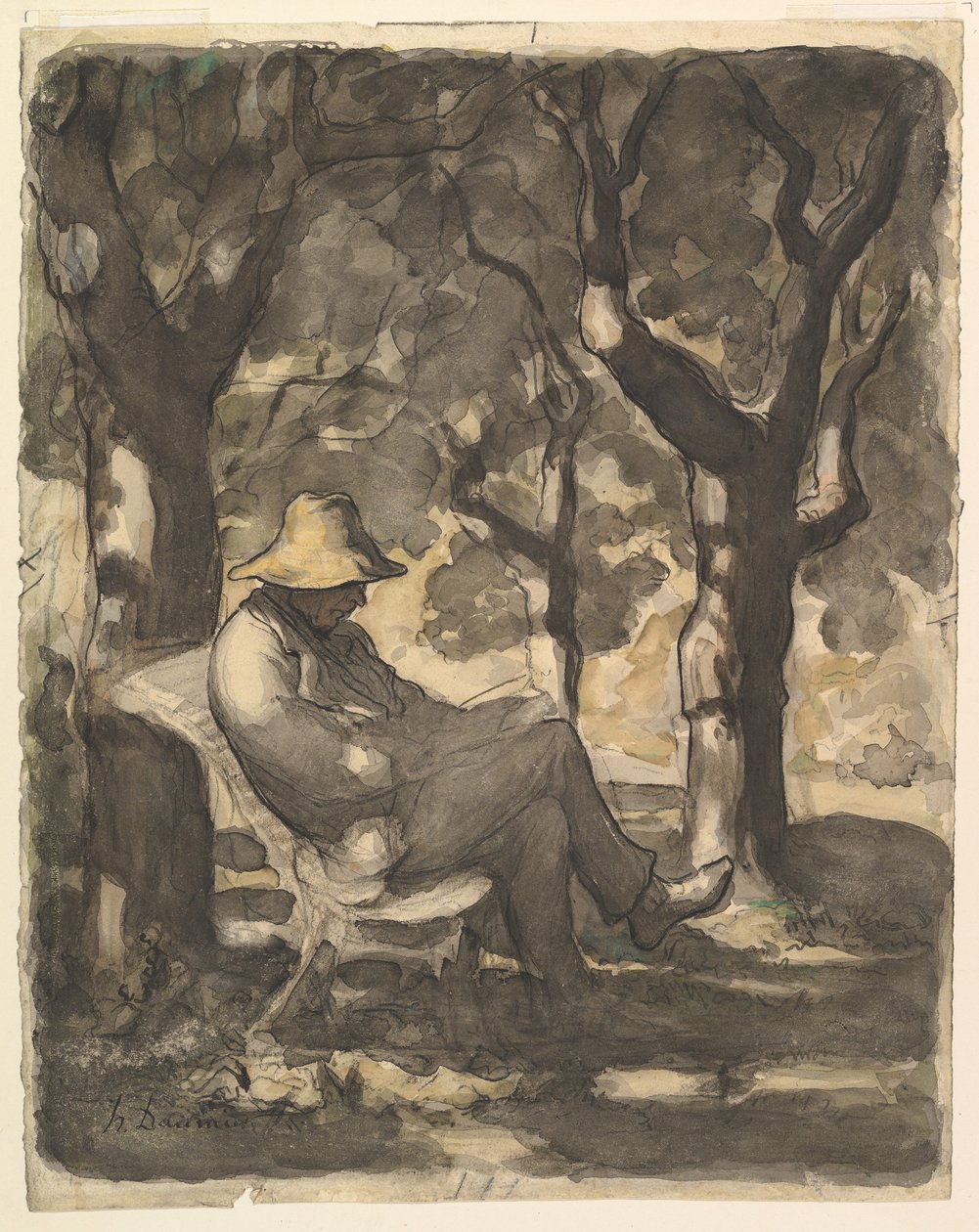 Ein Mann liest in einem Garten recto, Vorzeichnung für einen Mann, der in einem Garten liest..., ca. 1865 von Honoré Daumier