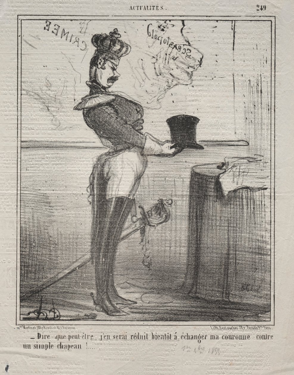 Actualities Nr. 249: Sie sagen, dass ich bald gezwungen sein werde, meine Krone zu tauschen..., 1855 von Honoré Daumier