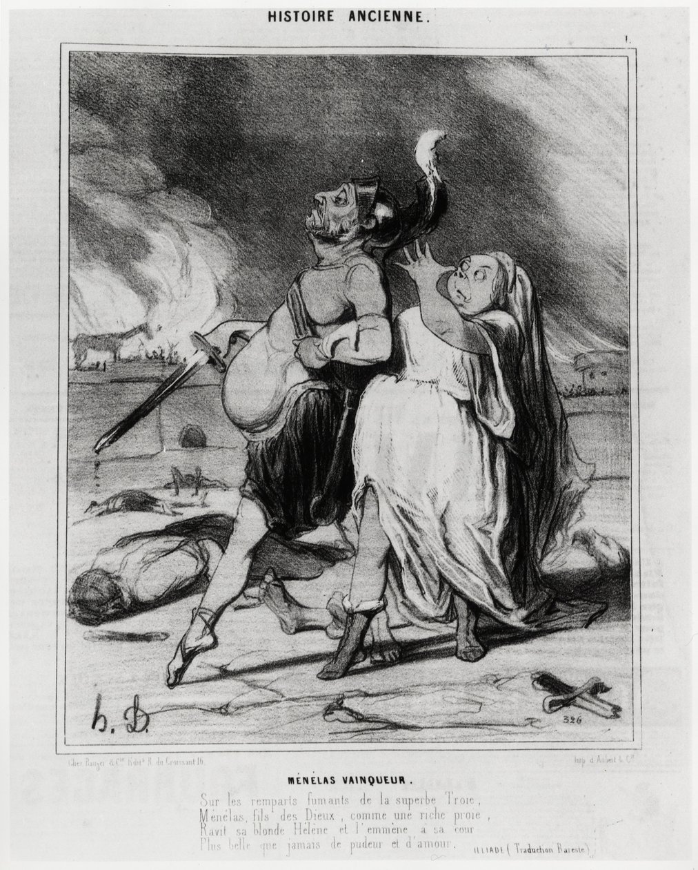 Alte Geschichte: Menelaos Sieger, Karikatur zur Illustration eines Auszugs aus der Ilias von Homer: „Auf den rauchigen Mauern des prächtigen Troja, Menelaos, Sohn der Götter, wie eine reiche Beute, entführt seine blonde Helena und bringt sie zu seinem Hof, von Honoré Daumier