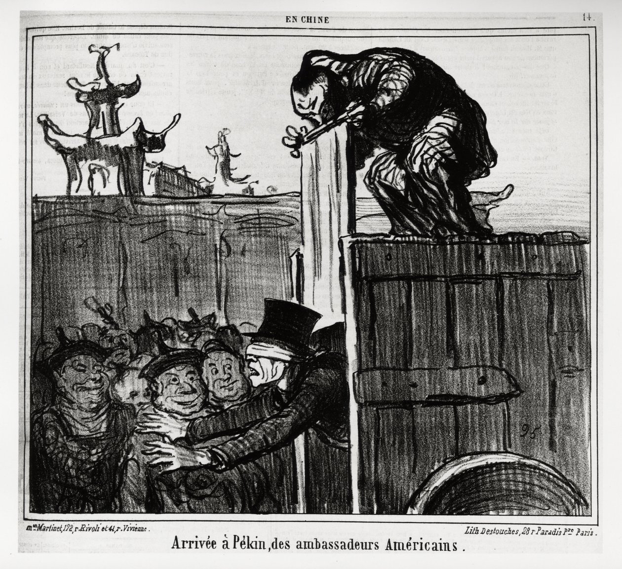 Ankunft der amerikanischen Botschafter in Peking. In der Serie En Chine, Illustration von Honore Daumier (1808-1879), veröffentlicht in „Charivari“, datiert 13. Oktober 1859 von Honoré Daumier