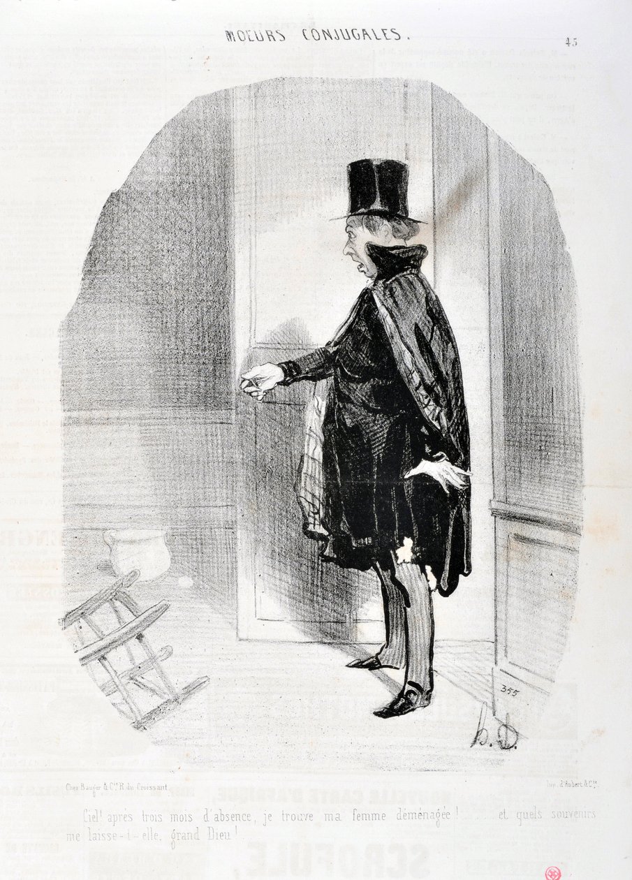 Werk von Honore Daumier (1808-1879). Charivari stammt aus dem Jahr 1842: Serie MORES CONJUALES - Himmel, nach drei Monaten Abwesenheit finde ich meine Frau umgezogen und welche Erinnerungen ich wasche, großer Gott! MUSEUM DER SCHÖNEN KÜNSTE - PALAST LONGCH von Honoré Daumier