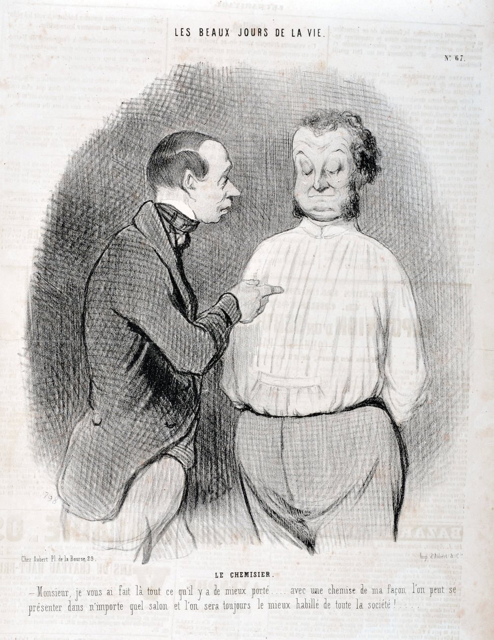 Werk von Honore Daumier (1808-1879). Charivari stammt aus dem Jahr 1845: Serie LES BEAUX DAYS DE LA VIE. Die Bluse - Herr, ich habe Ihnen das beste Kleidungsstück gemacht... mit einem Hemd auf meine Weise können Sie sich in jedem Wohnzimmer präsentieren un von Honoré Daumier