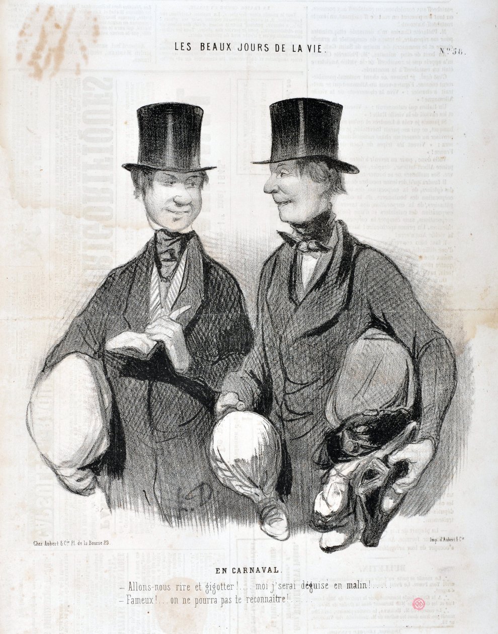 Werk von Honore Daumier (1808-1879). Charivari stammt aus dem Jahr 1845: Serie LES BEAUX DAYS DE LA VIE. Im Karneval - Lachen wir und tanzen! Ich werde enttäuscht sein, so schlau! Berühmt! Wir können dich nicht erkennen... MUSEUM DER SCHÖNEN KÜNSTE - PALAS von Honoré Daumier