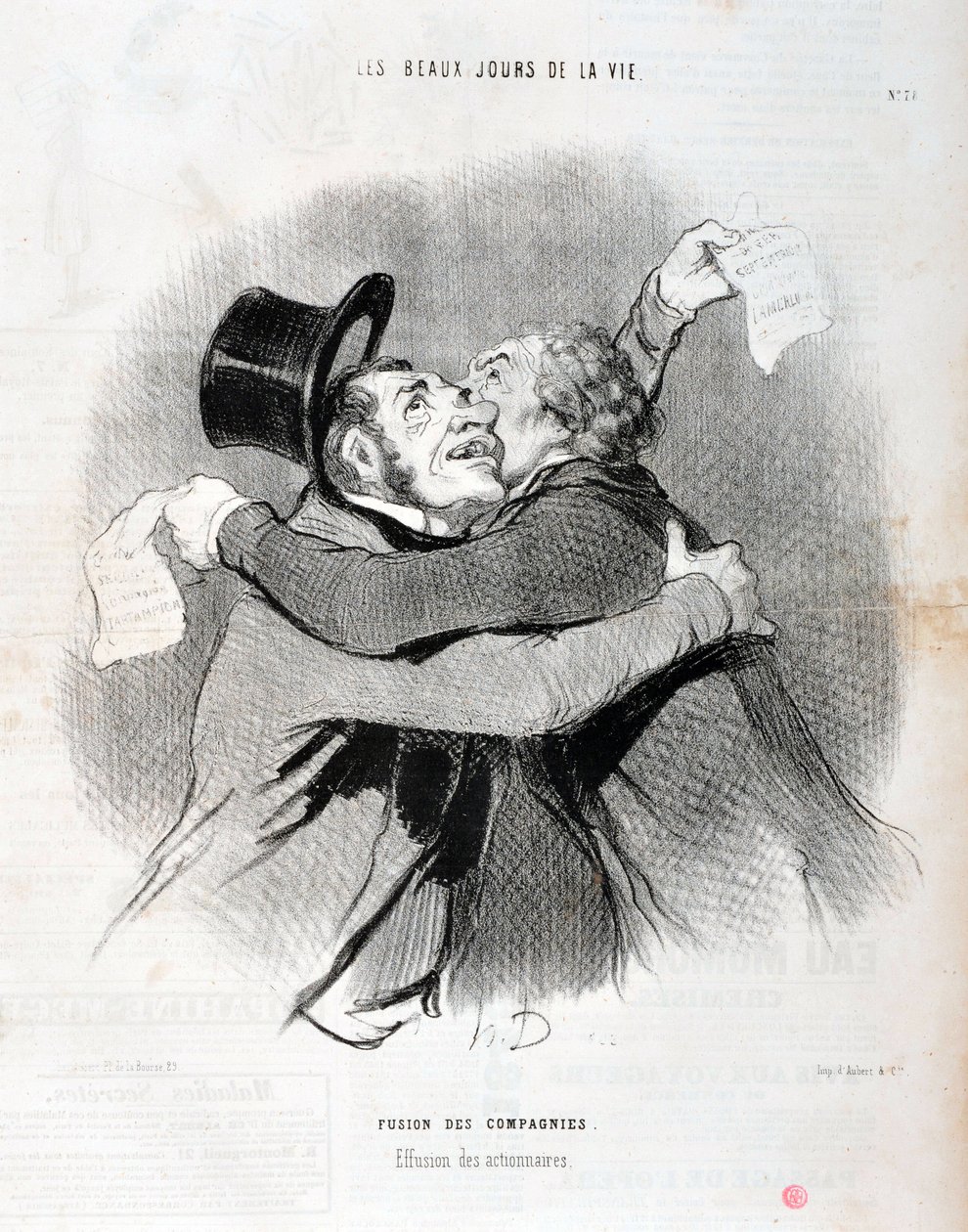 Werk von Honore Daumier (1845): Serie LES BEAUX DAYS DE LA VIE. Fusion von Unternehmen - Ausfall der Aktionäre von Honoré Daumier