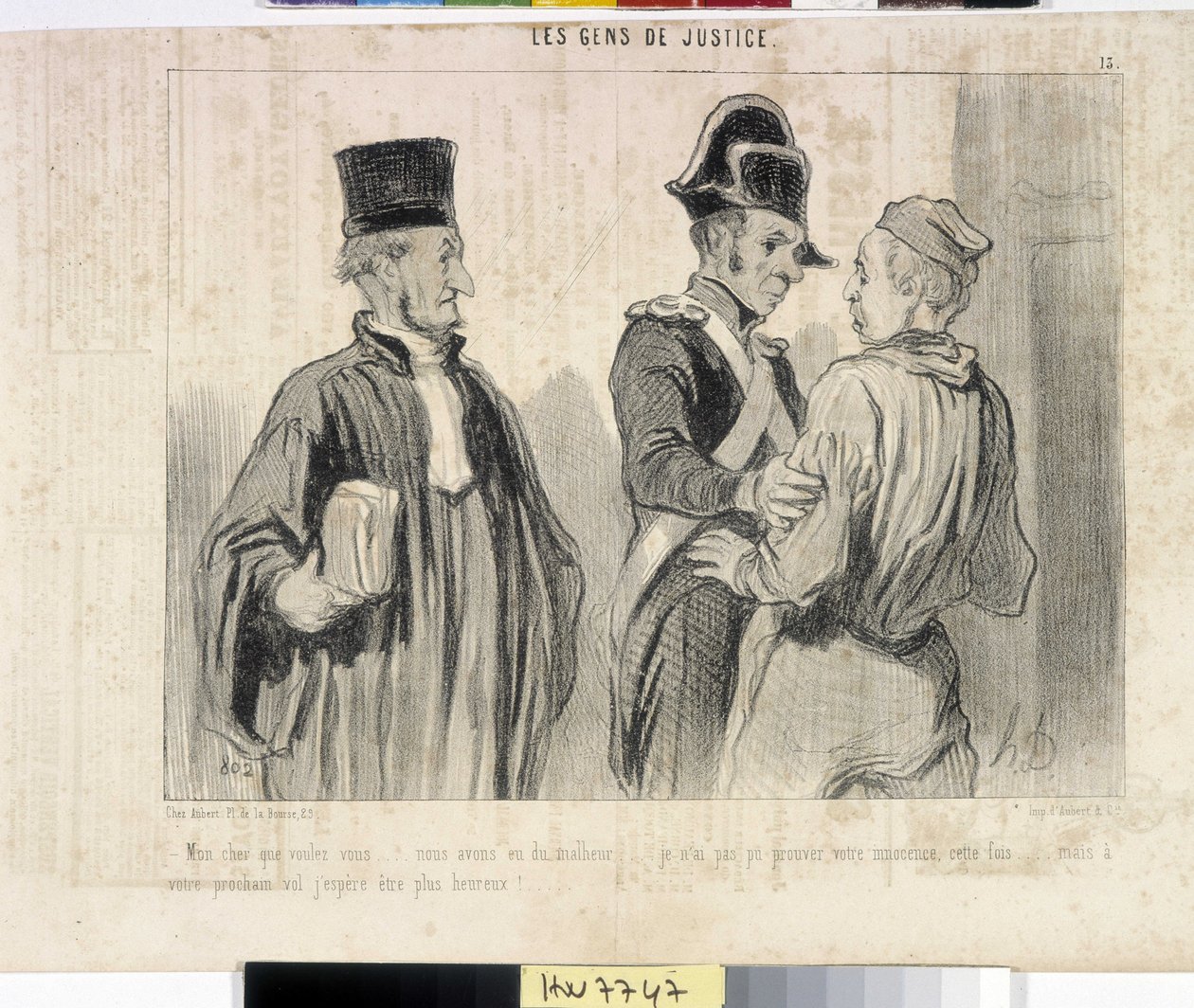 Werk von Honore Daumier (1845): Serie LES PEANS DE JUSTICE. „Mein Lieber, was willst du... wir hatten Pech... ich konnte deine Unschuld diesmal nicht beweisen... aber bei deinem nächsten Flug hoffe ich, glücklicher zu sein.“ von Honoré Daumier