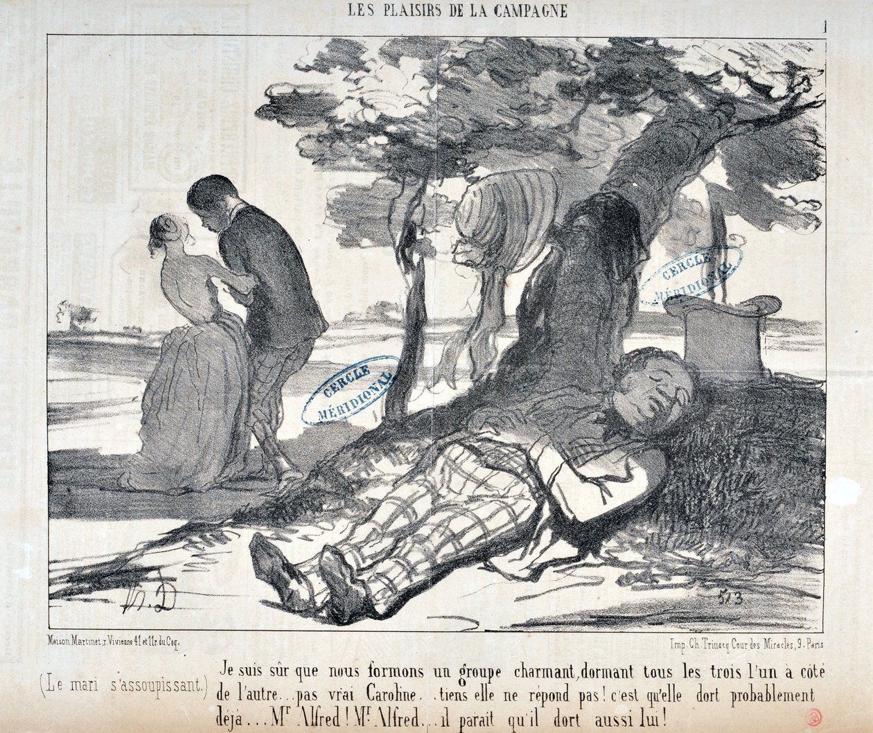 Werk von Honore Daumier (1853): Serie LES PLAISIRS DE LA CAMPAGNE „Ich bin sicher, wir bilden eine charmante Gruppe, alle drei zusammen... nicht wahr, Caroline... oh, sie antwortet nicht! Sie ist wahrscheinlich schon eingeschlafen“ von Honoré Daumier