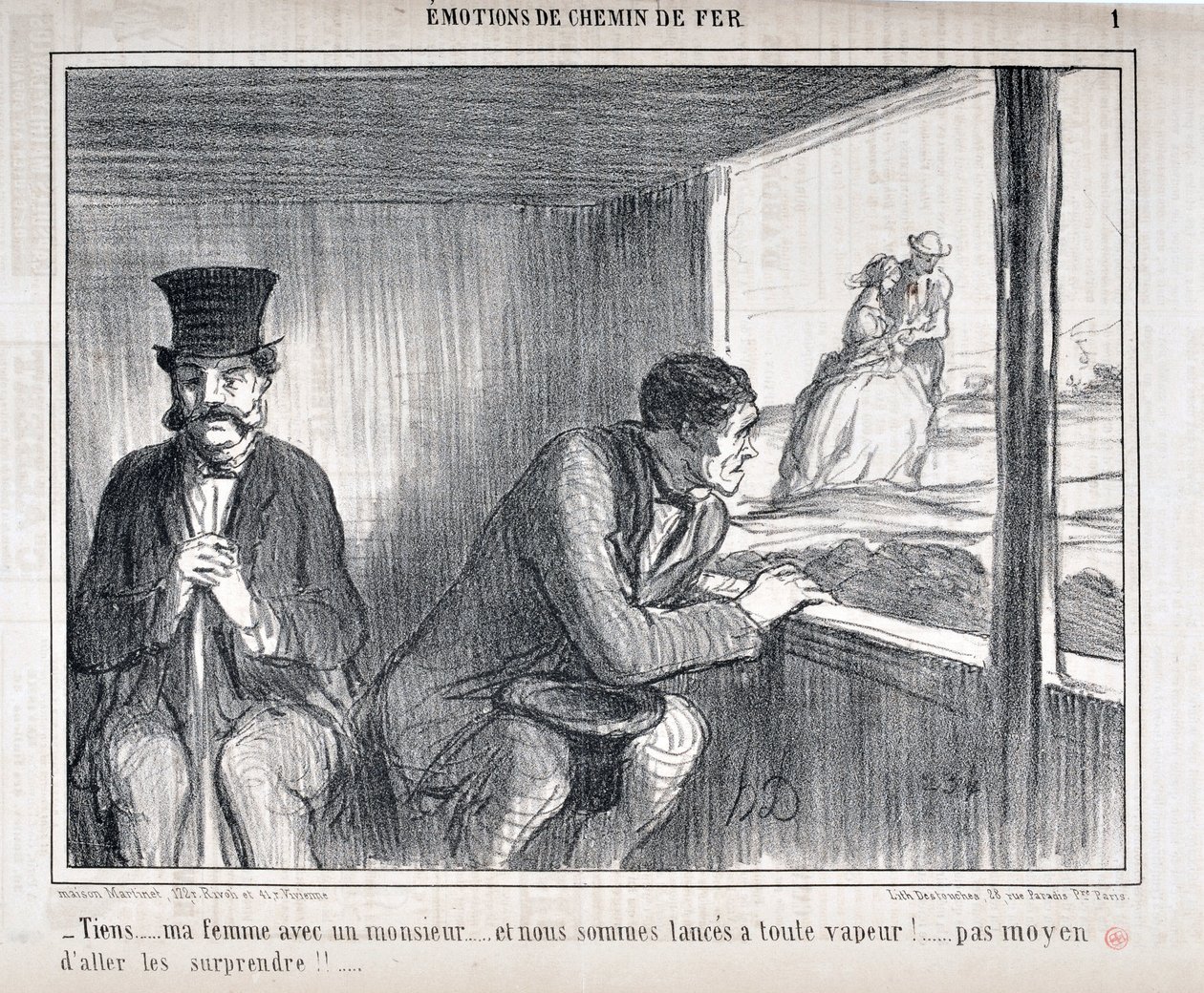 Werk von Honore Daumier (1808-1879) Charivari stammt aus dem Jahr 1858: Serie EMOTIONS EN Chemin de fer - Tiens... meine Frau mit einem Herrn... und wir sind mit voller Geschwindigkeit unterwegs!... keine Möglichkeit, sie zu überraschen!! MUSEUM DER SCHÖNE von Honoré Daumier