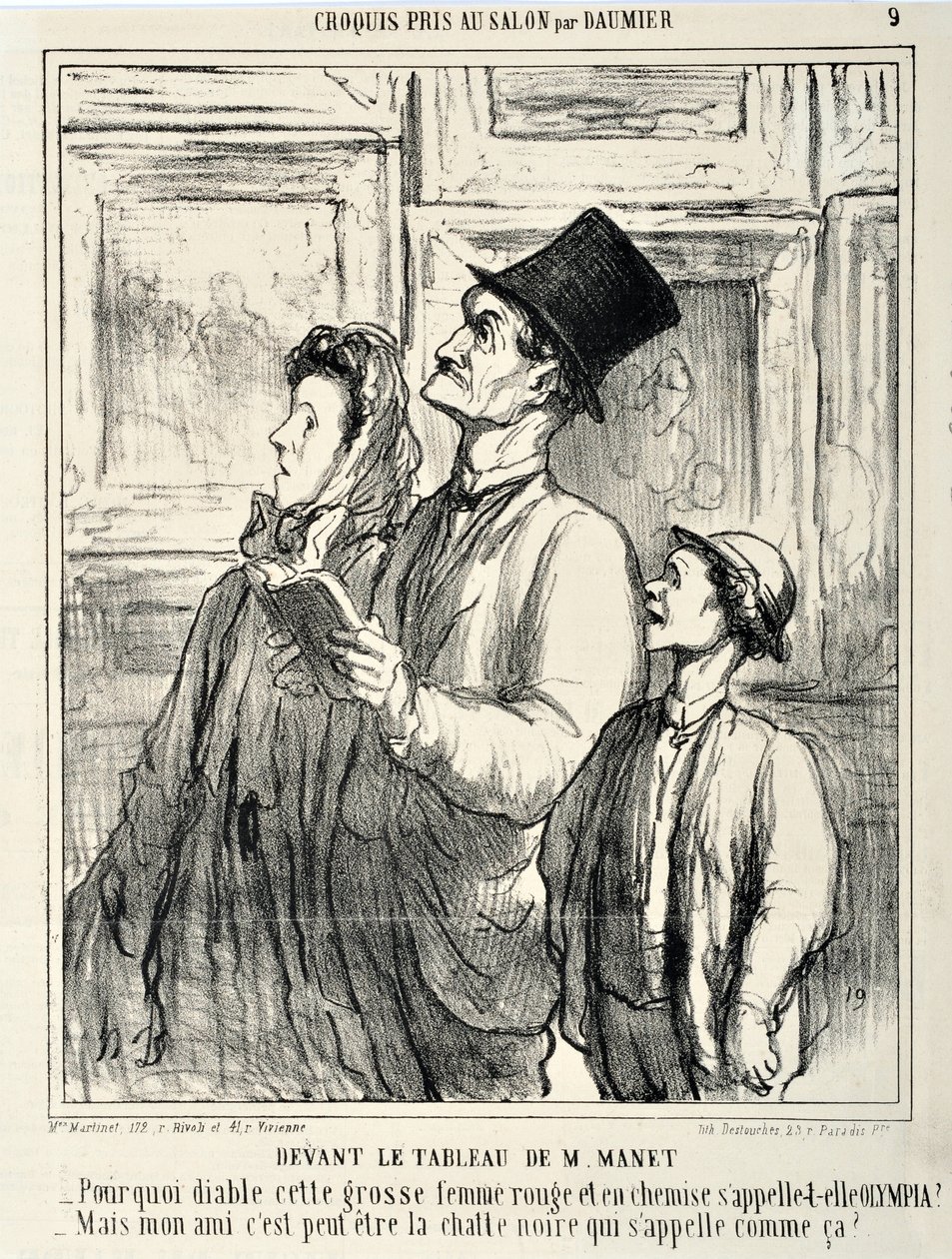 Charivari von 1865: Serie CRUQUIS PAUIT AU SALON. Vor einem Gemälde von Manet - Warum zum Teufel hat sich diese dicke Frau in Rot und im Hemd Olympia genannt? - Aber mein Freund, vielleicht heißt die schwarze Katze so? MUSEE DES BEAUX ARTS - PALAIS LONGCHA von Honoré Daumier
