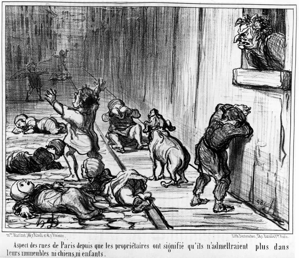 Aspekt der Straßen von Paris, seit die Eigentümer bedeuteten, dass sie weder Hunde noch Kinder in ihren Gebäuden zulassen würden, aus „Mieter und Eigentümer“, eine Serie von Karikaturen von Honore Daumier (1808-1879). „Charivari“ von Honoré Daumier