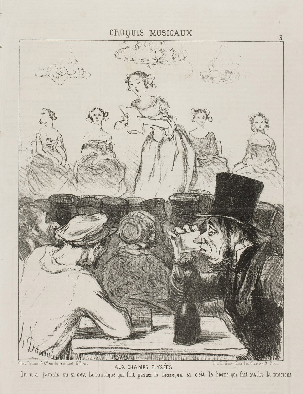 Auf den Champs-Elysées, Es war nie ganz klar, ob die Musik das Bier hinuntergehen lässt oder das Bier, das dich die Musik schlucken lässt, Platte 3 aus Croquis Musicaux, 1852 von Honoré Daumier