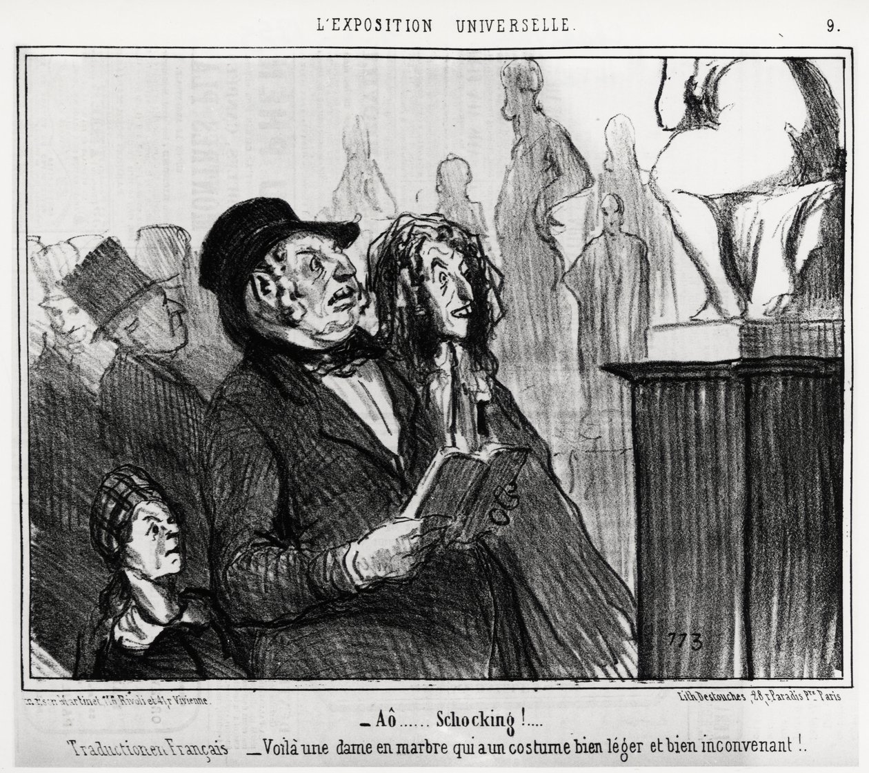Auf der Weltausstellung: ao... schockierend! französische Übersetzung: hier ist eine Marmordame, die ein sehr leichtes und ungeeignetes Kostüm trägt. Illustration von Honoré Daumier (1808-1879), veröffentlicht in den Nachrichten, Charivari, datiert 1. Juni von Honoré Daumier