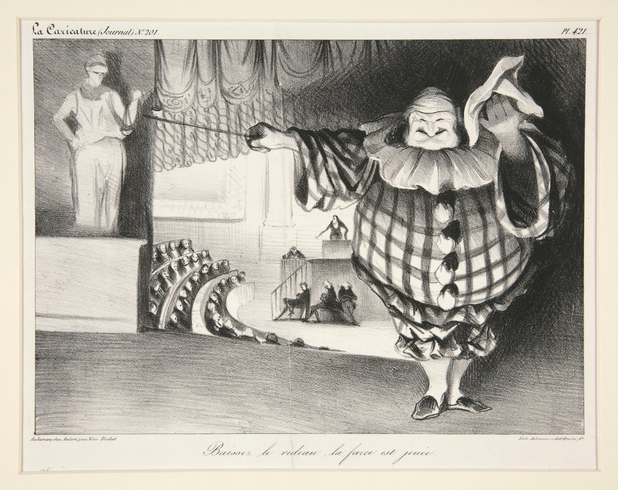 Baissez le rideau, la farce est jouée. (Senkt den Vorhang, die Farce ist vorbei.), pl. 421 aus dem Journal La Caricature Nr. 201 von Honoré Daumier