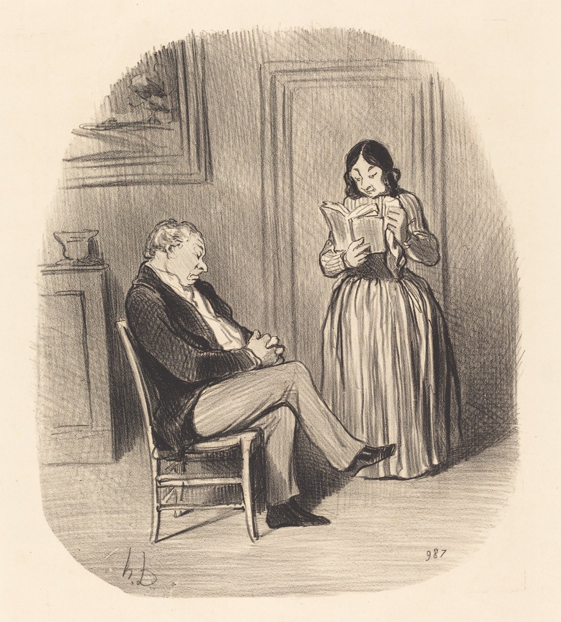 Bürger lässt sich nach dem Abendessen einige Kapitel vorlesen von Honoré Daumier