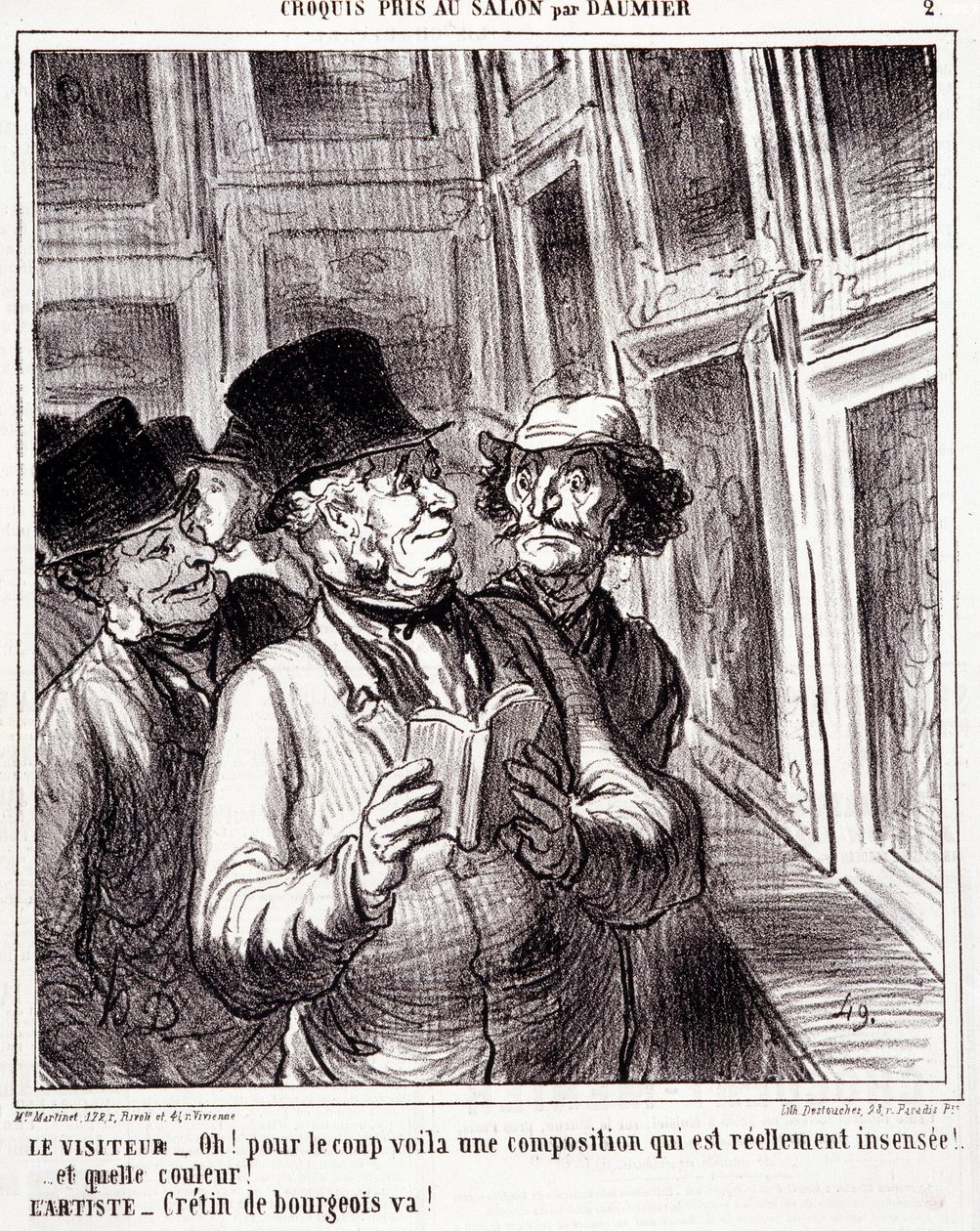 Karikatur über Kunstliebhaber. Serie „Skizze im Salon von Daumier“: „Besucher: Oh! für den Coup hier ist eine wirklich unsinnige Komposition (...). Künstler: Bürgerlicher Idiot, geh!“. Gravur von Honore Daumier. Auszug aus der Zeitung „Le Charivari“ von Honoré Daumier