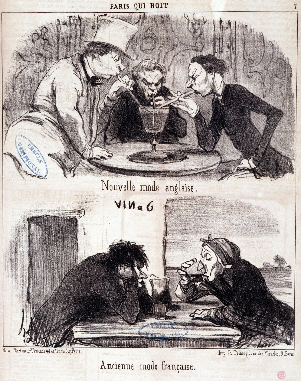 Karikatur über gastronomischen Missbrauch. Serie „Paris, das trinkt“: neue englische Mode und alte französische Mode. Gravur von Honore Daumier. Auszug aus der Zeitung „Le Charivari“ 23. Juni 1852 von Honoré Daumier