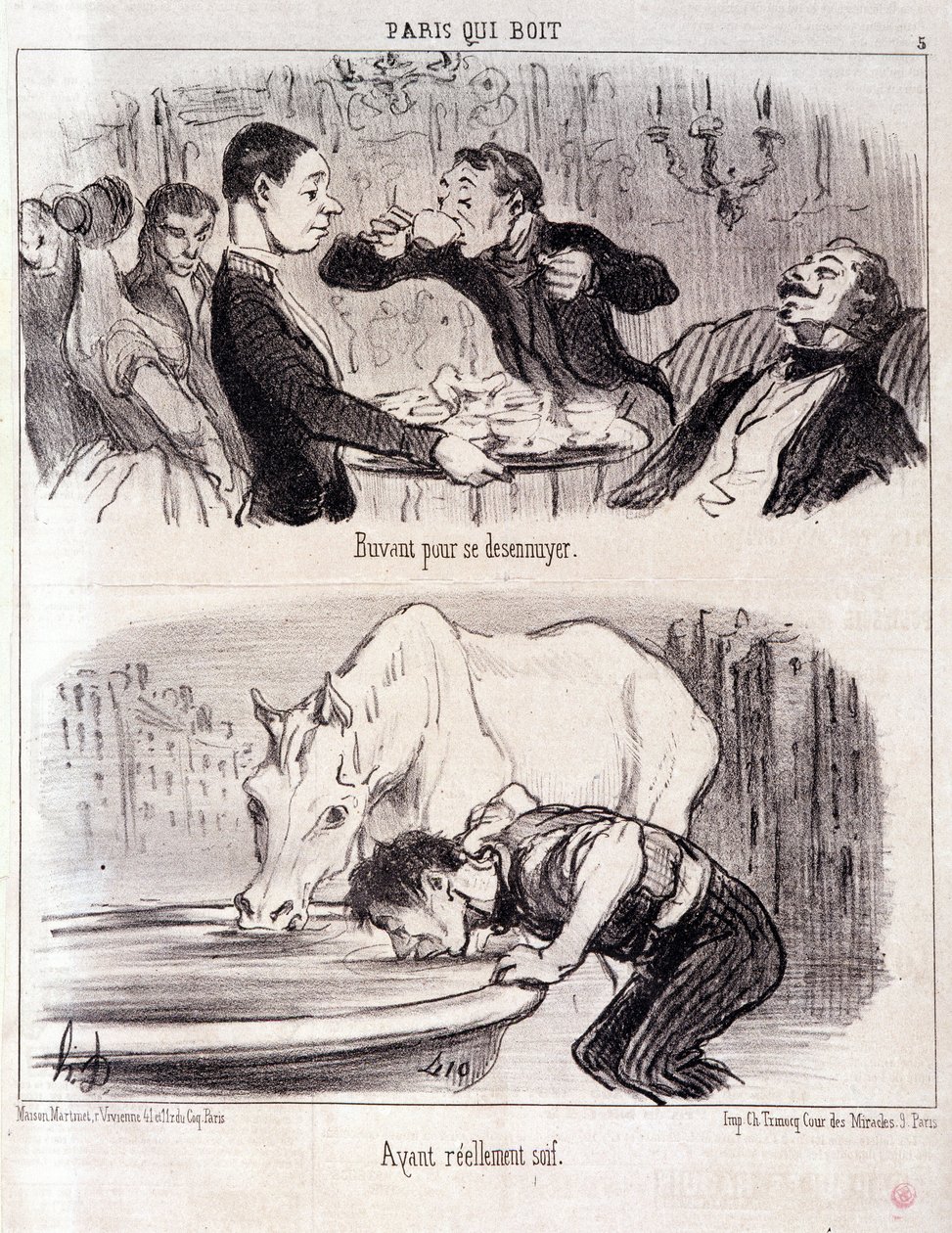 Karikatur über gastronomischen Missbrauch. Serie Paris trinkt: „Trinken aus Langeweile. Wirklich durstig.“ Gravur von Honore Daumier (1808-1879). Auszug aus der Zeitung „Le Charivari“ 16. Juni 1852 Dim 37x26cm Inv D 2310 - Box 24 Nr. 5. Marseille, Musée de von Honoré Daumier