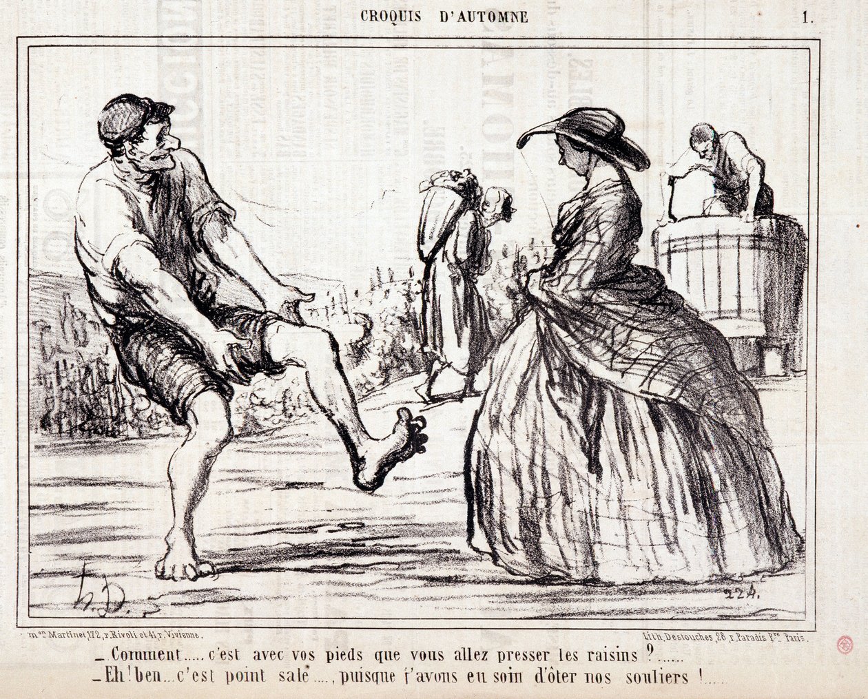 Karikatur über Winzer, die barfuß Trauben stampfen. Serie „Herbstskizze“: „Wie... willst du die Trauben mit deinen Füßen pressen?...“ von Honoré Daumier
