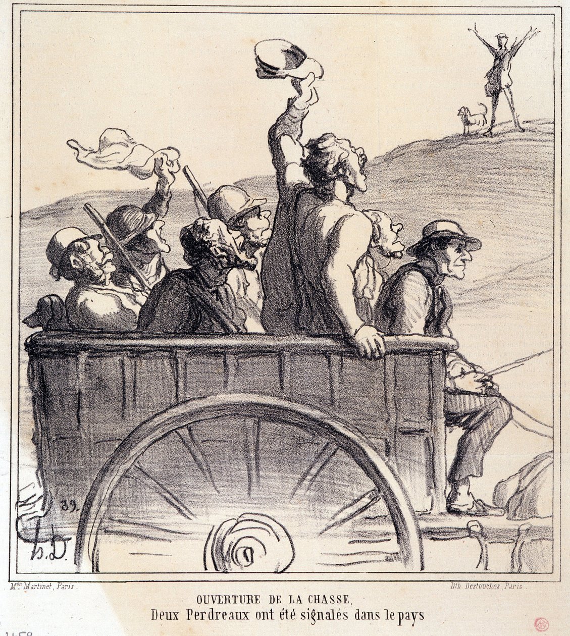 Karikatur über Jäger. Serie Herbstskizze: Eröffnung der Jagd, zwei Rebhühner wurden auf dem Land gesichtet, aus der Zeitung Le Charivari von Honoré Daumier
