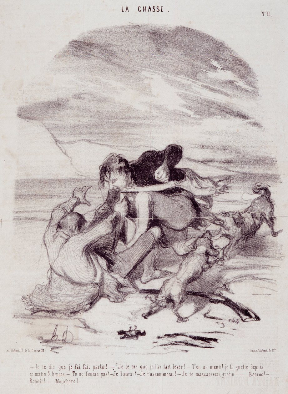 Karikatur über Jäger. Serie „Die schönen Tage des Lebens - Die Jagd“: „Ich sage dir, ich habe ihn vertrieben...“ Gravur von Honore Daumier (1808-1879). Auszug aus der Zeitung „Le Charivari“ vom 10. Januar von Honoré Daumier