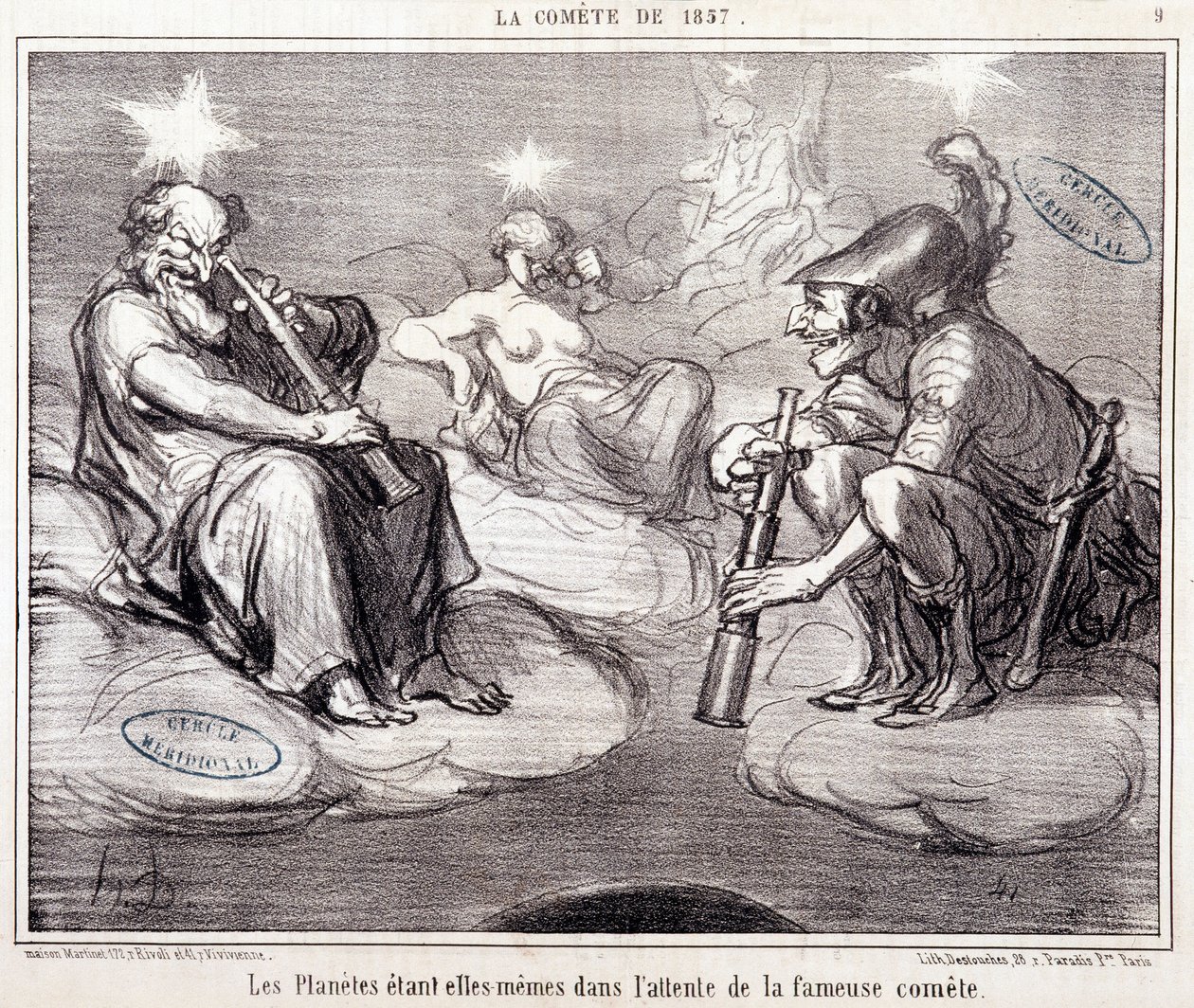 Karikatur über Wissenschaft. Serie „Die Komet von 1857“: „Die Planeten warten selbst auf den berühmten Kometen“. Gravur von Honore Daumier, 25. März von Honoré Daumier