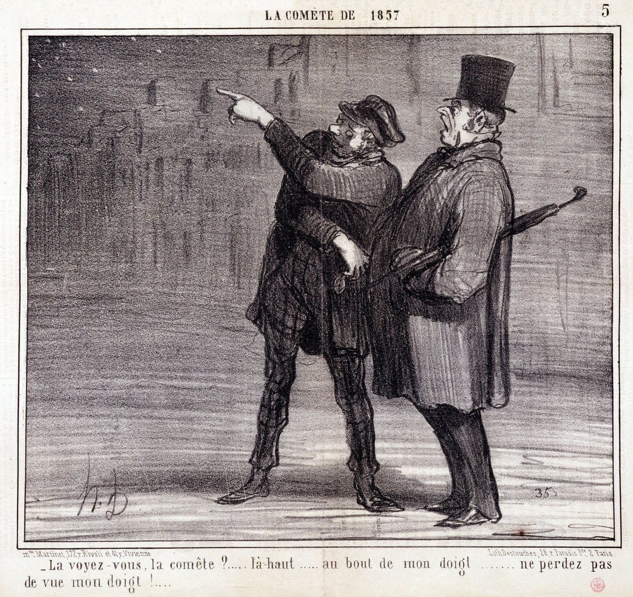 Karikatur über Wissenschaft. Serie zur „Komet von 1857“: „Sehen Sie den Ausschuss?...“ Ein Dieb lenkt die Aufmerksamkeit seines Opfers ab (Gravur von Honore Daumier) von Honoré Daumier