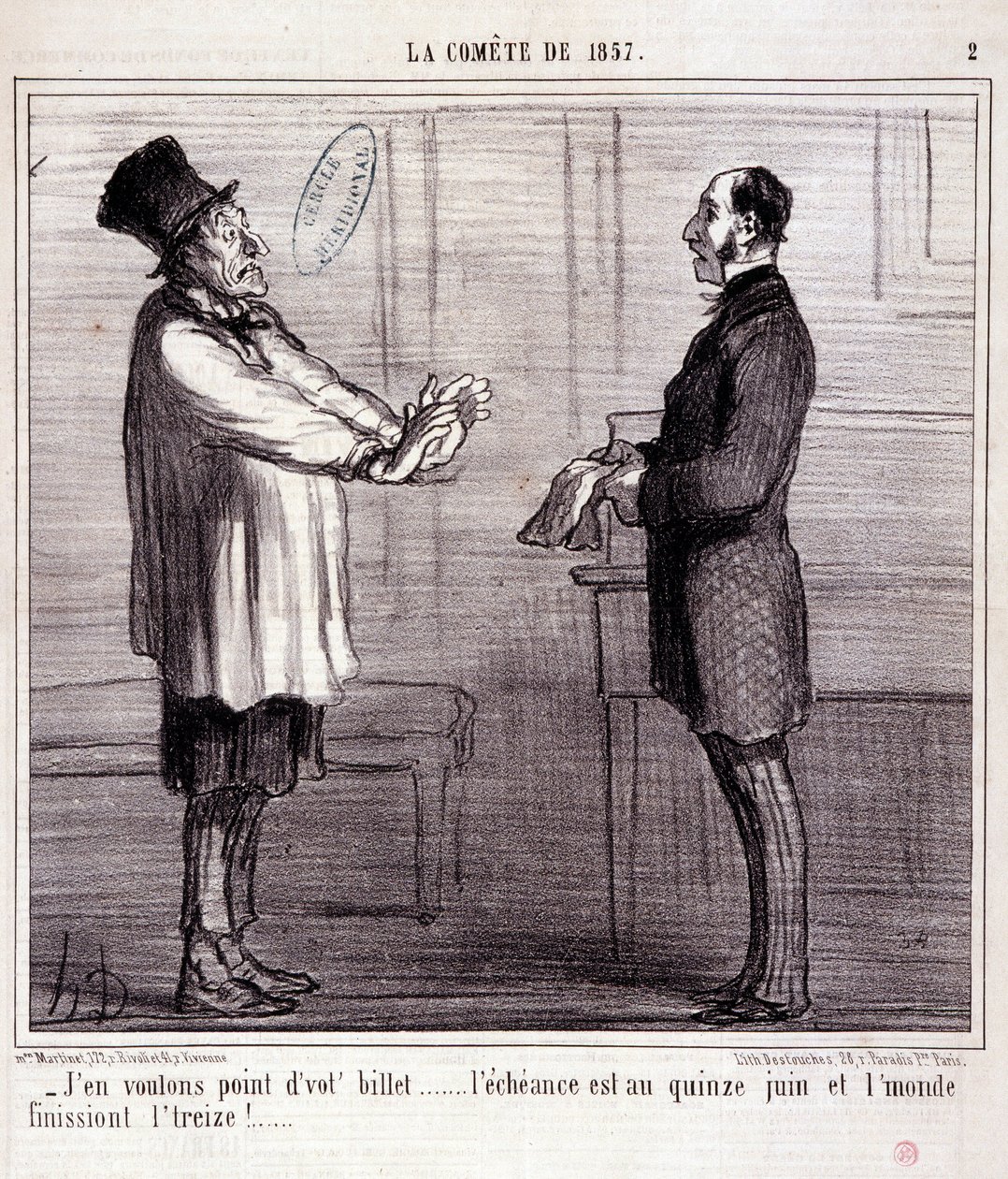 Karikatur über Wissenschaft. Serie „Der Komet von 1857“: „Ich will kein Ticket...“. Gravur von Honoré Daumier (1808-1879). Auszug aus der Zeitung „Le Charivari“ vom 4. März. von Honoré Daumier