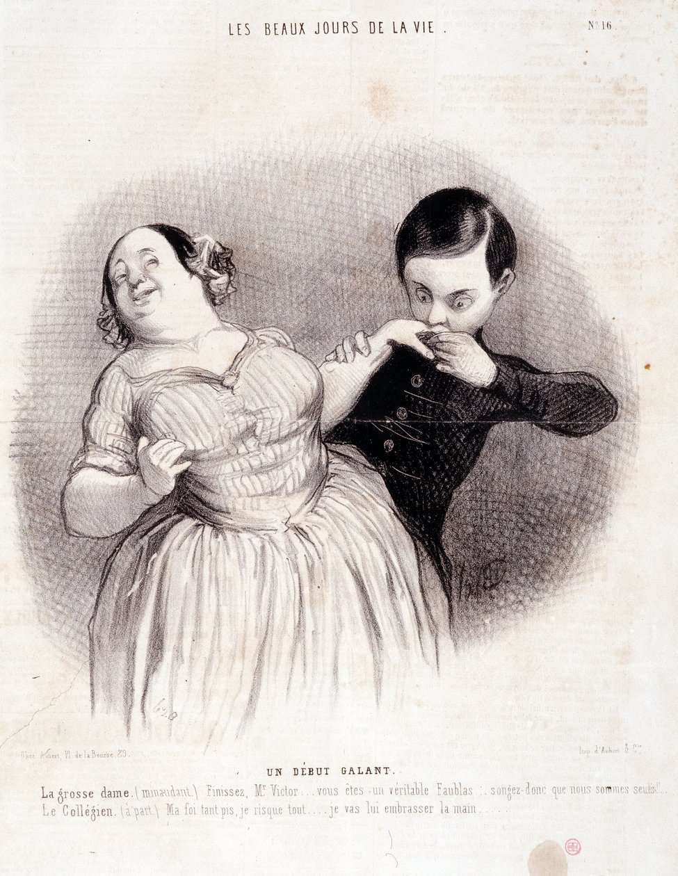 Karikatur über das Paar. Serie „Die schönen Tage des Lebens“: „Ein galanter Anfang...“. Gravur von Honoré Daumier (1808-1879). Auszug aus der Zeitung „Le Charivari“ vom 10. Juli. von Honoré Daumier