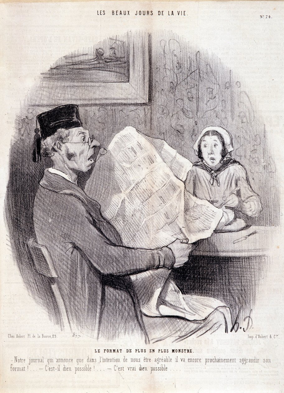 Karikatur über die Presse. Serie „Die schönen Tage des Lebens“: „Das immer monströsere Format...“. Gravur von Honore Daumier (1808-1879). Auszug aus der Zeitung „Le Charivari“ vom 18. Oktober von Honoré Daumier