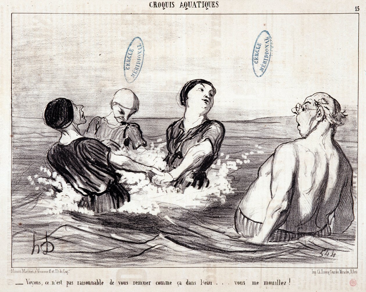 Karikatur über Touristen im Urlaub am Meer. Serie „Les Bains de Mer“: „Aquatische Skizze. Sehen Sie, es ist nicht vernünftig, sich so im Wasser zu bewegen... Sie machen mich nass!“ Gravur von Honore Daumier (1808-1879). Auszug aus der Zeitung „Le Charivari von Honoré Daumier