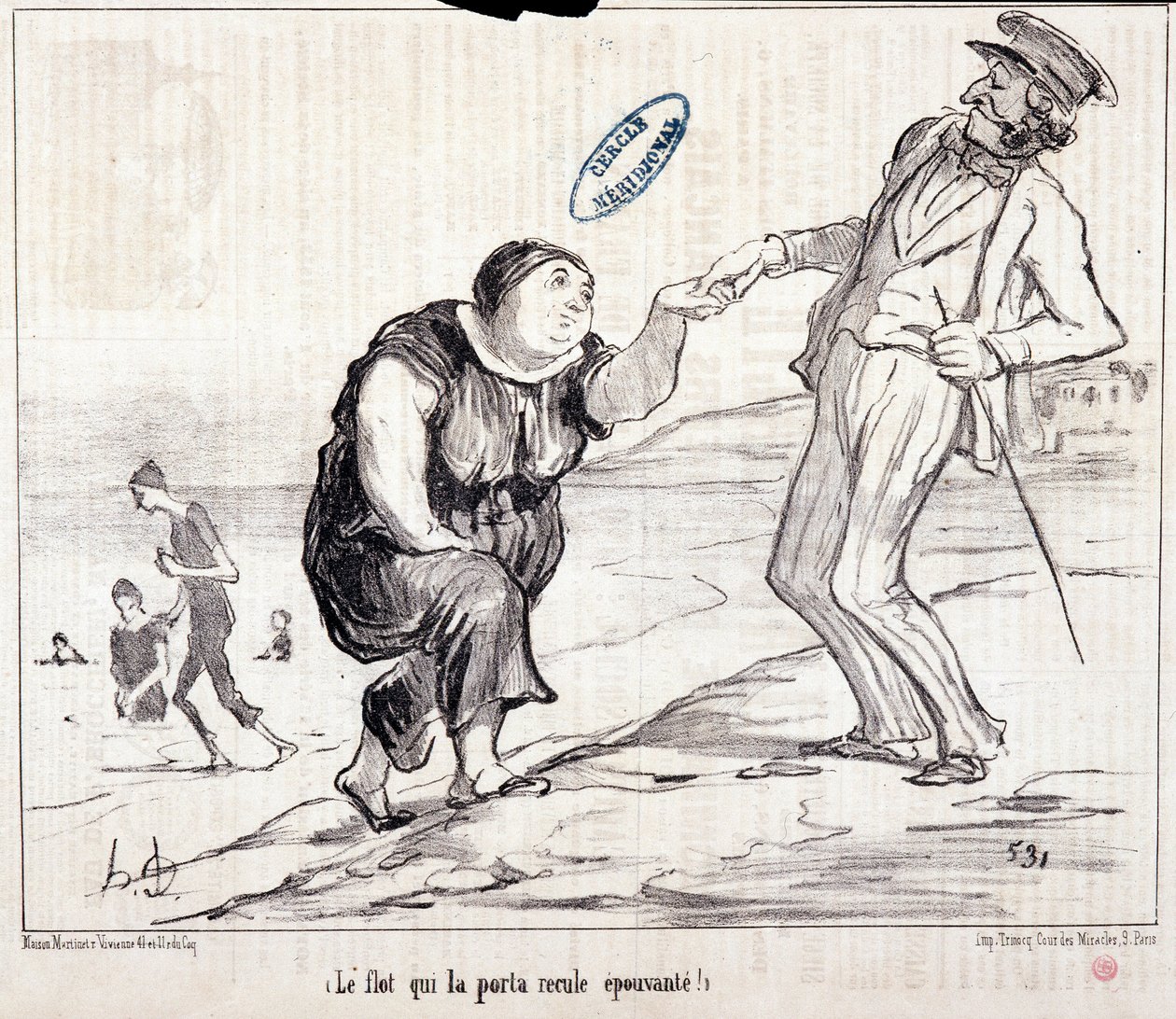 Karikatur über Touristen im Urlaub. Serie Ax Bains de Mer: Die Flut, die es zurückbrachte, erschreckend! Gravur von Honore Daumier. Auszug aus der Zeitung Le Charivari von Honoré Daumier