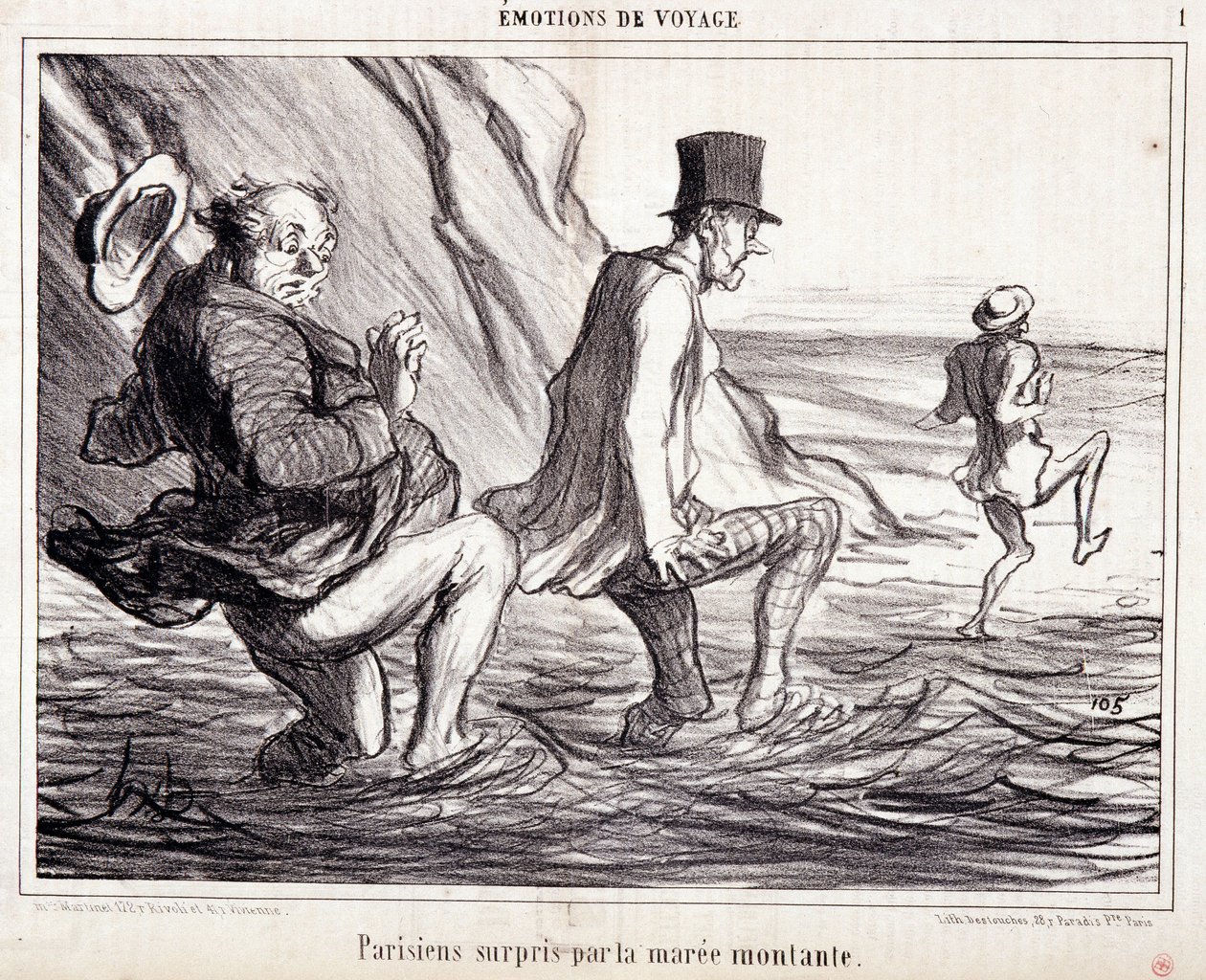 Karikatur über Touristen im Urlaub. Serie „Les Bains de Mer“: „Reiseemotionen. Pariser von der steigenden Flut überrascht“. Gravur von Honoré Daumier (1808-1879). Auszug aus der Zeitung „Le Charivari“ vom 8. Oktober. von Honoré Daumier
