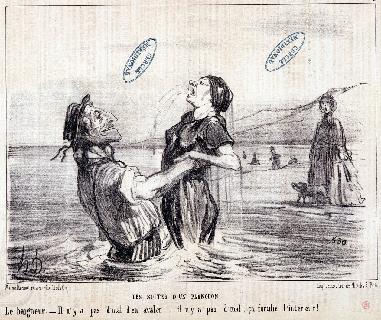 Karikatur über Touristen im Urlaub. Serie „Les Bains de Mer“: „Aquatische Skizze. Die Sequenzen eines Tauchgangs“. Gravur von Honoré Daumier (1808-1879). Auszug aus der Zeitung „Le Charivari“ von 1853. von Honoré Daumier