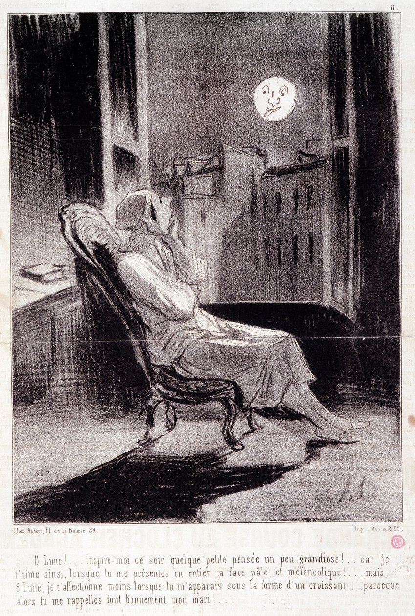 Karikatur über Schriftstellerinnen. Serie „Bas Bleus“: „O! Mond, inspiriere mich heute Nacht...“. Gravur von Honoré Daumier (1808-1879). Auszug aus der Zeitung „Le Charivari“ vom 28. Februar. von Honoré Daumier